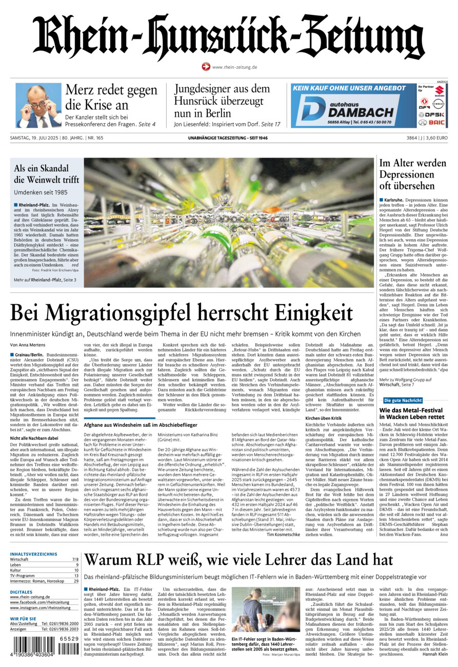 Rhein-Hunsrück-Zeitung vom Samstag, 19.07.2025
