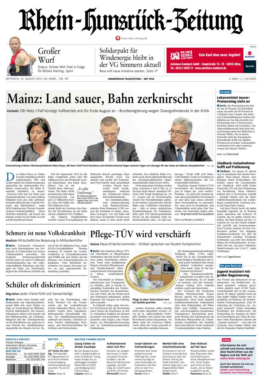Rhein-Hunsrück-Zeitung vom Mittwoch, 14.08.2013