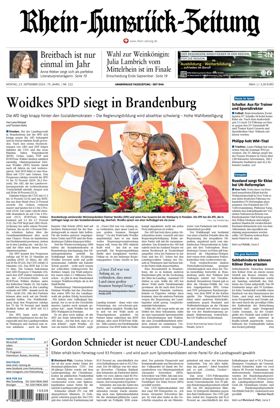 Rhein-Hunsrück-Zeitung vom Montag, 23.09.2024