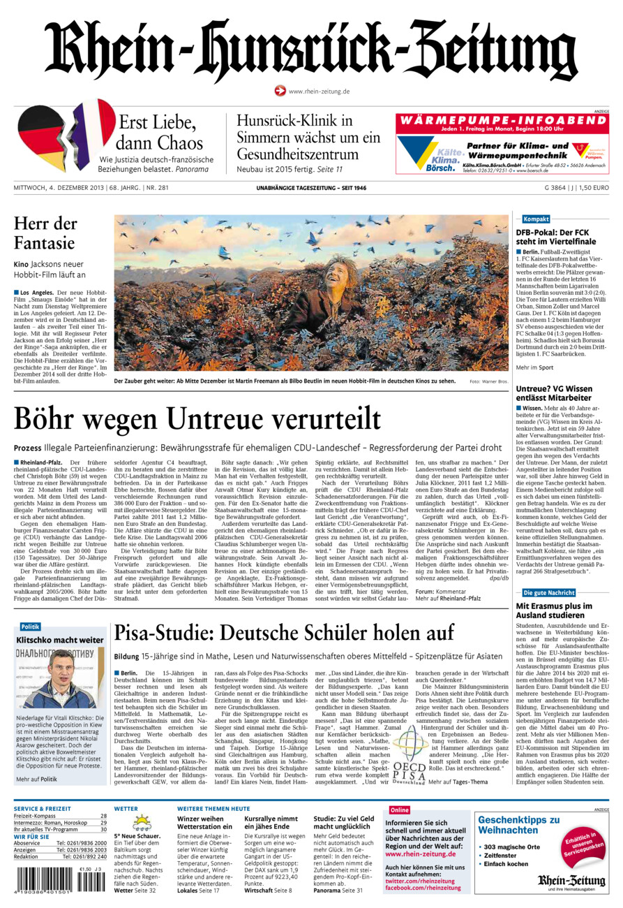 Rhein-Hunsrück-Zeitung vom Mittwoch, 04.12.2013