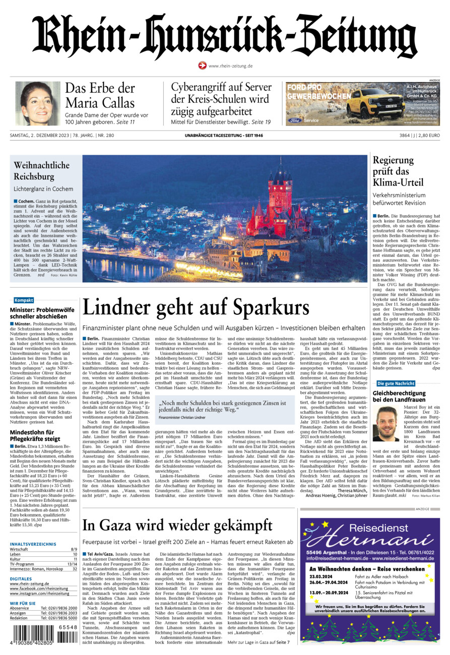 Rhein-Hunsrück-Zeitung vom Samstag, 02.12.2023