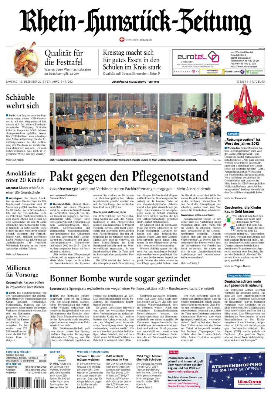 Rhein-Hunsrück-Zeitung vom Samstag, 15.12.2012