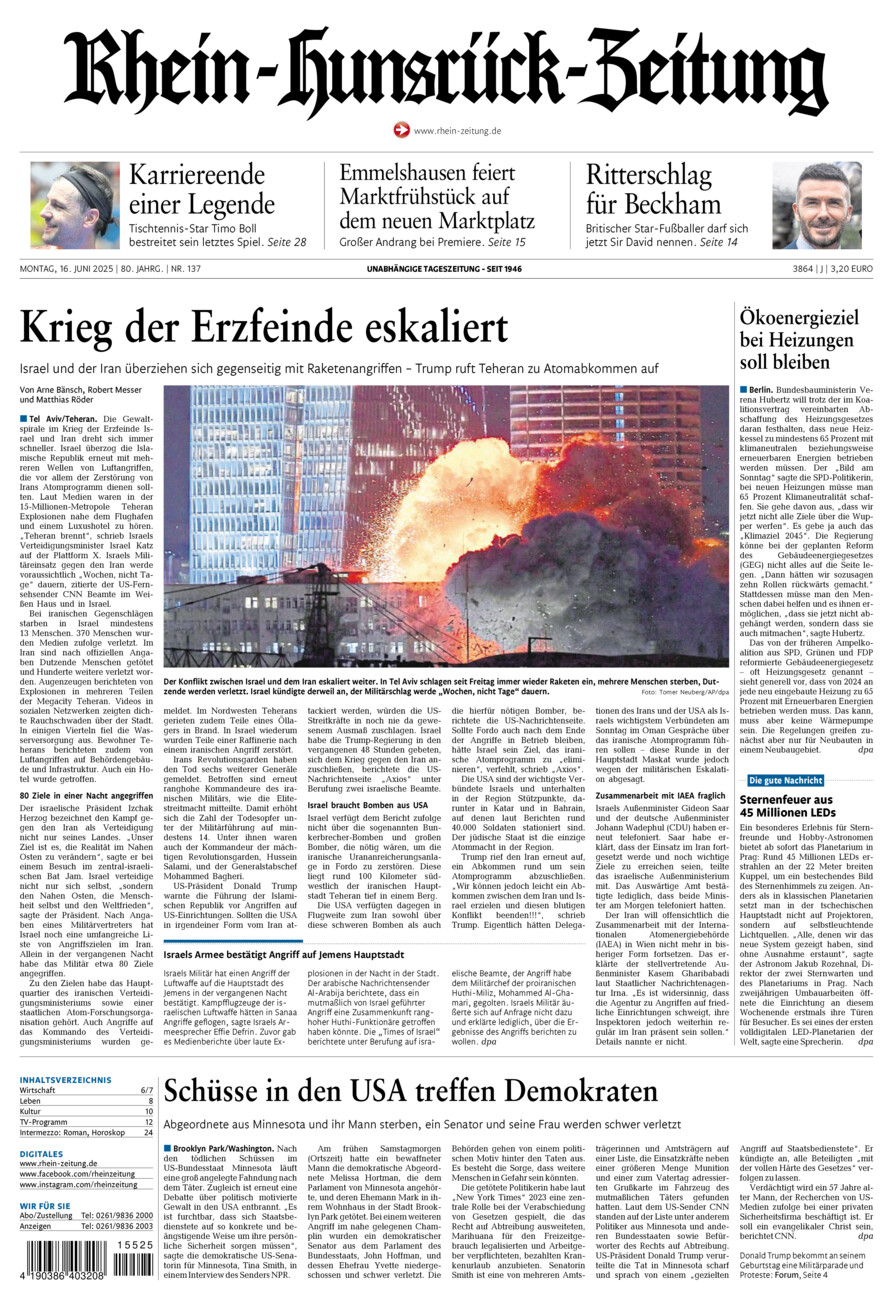 Rhein-Hunsrück-Zeitung vom Montag, 16.06.2025