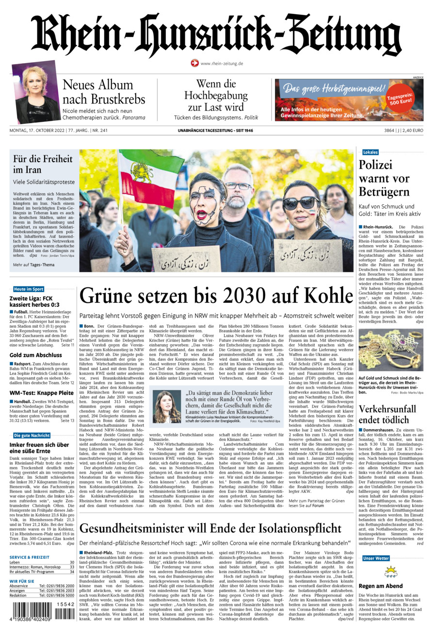 Rhein-Hunsrück-Zeitung vom Montag, 17.10.2022