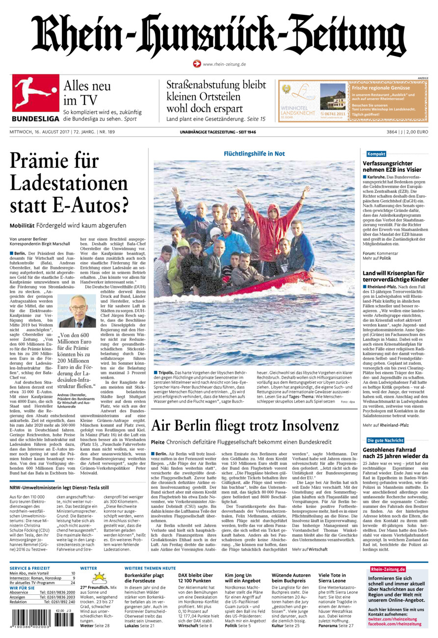 Rhein-Hunsrück-Zeitung vom Mittwoch, 16.08.2017