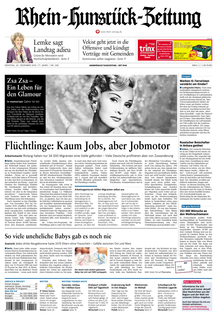 Rhein-Hunsrück-Zeitung vom Dienstag, 20.12.2016