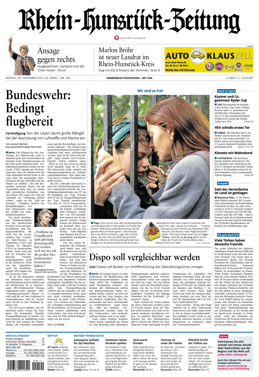 Rhein-Hunsrück-Zeitung vom Montag, 29.09.2014