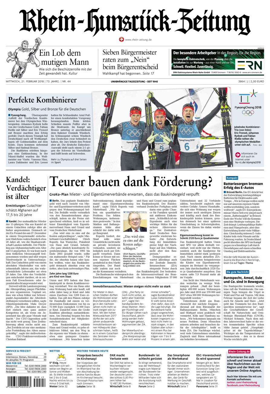 Rhein-Hunsrück-Zeitung vom Mittwoch, 21.02.2018