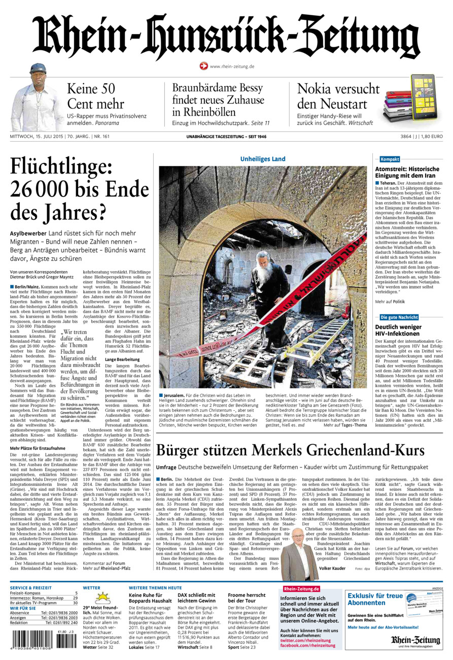 Rhein-Hunsrück-Zeitung vom Mittwoch, 15.07.2015
