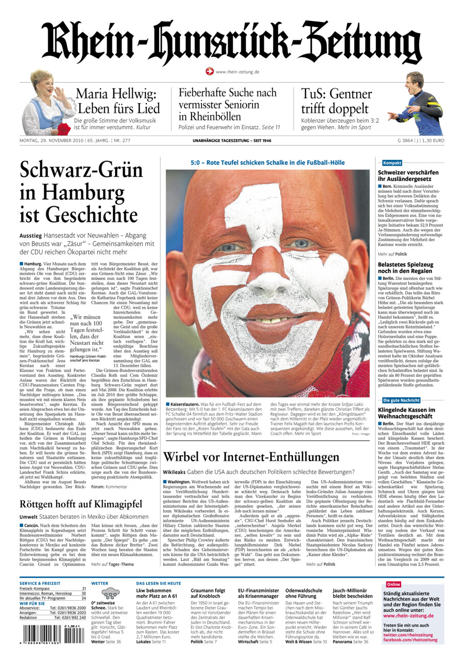 Rhein-Hunsrück-Zeitung vom Montag, 29.11.2010
