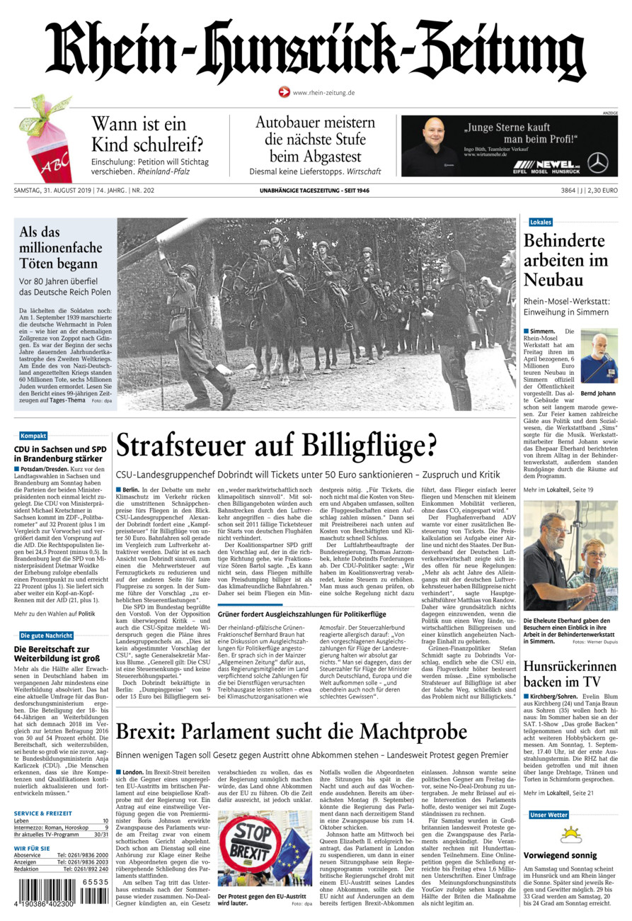 Rhein-Hunsrück-Zeitung vom Samstag, 31.08.2019