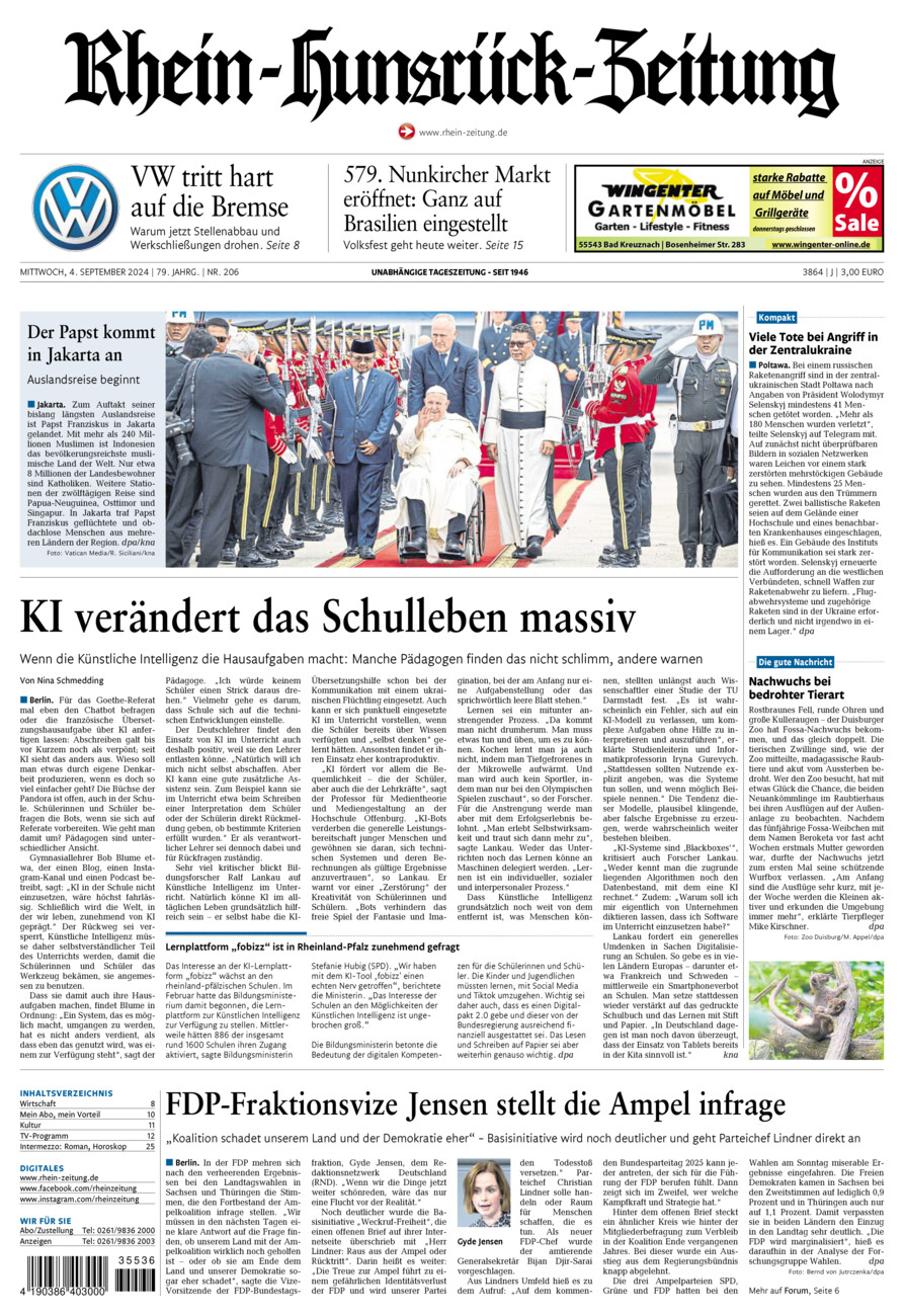 Rhein-Hunsrück-Zeitung vom Mittwoch, 04.09.2024