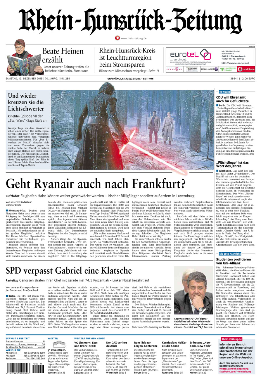 Rhein-Hunsrück-Zeitung vom Samstag, 12.12.2015