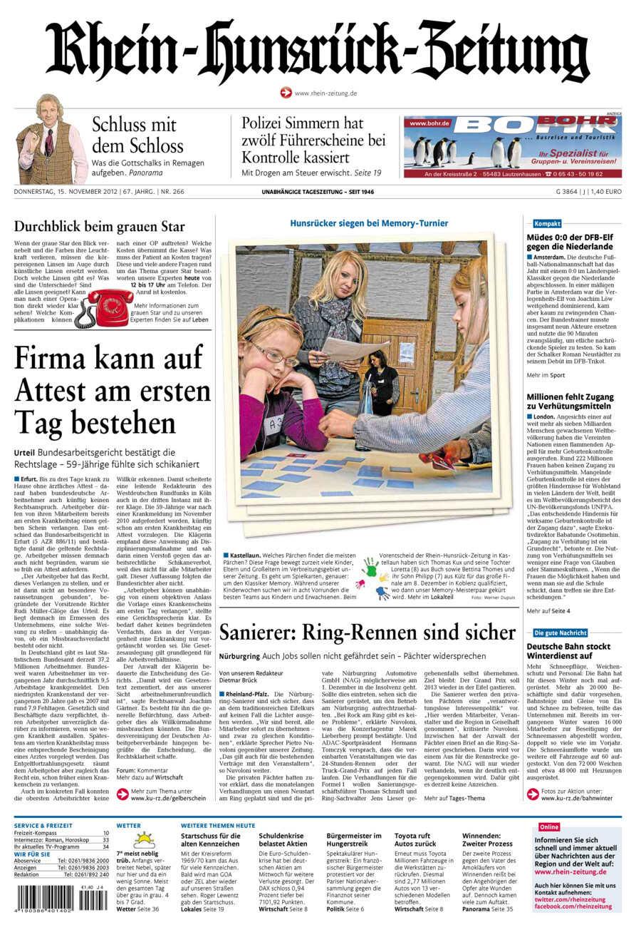 Rhein-Hunsrück-Zeitung vom Donnerstag, 15.11.2012