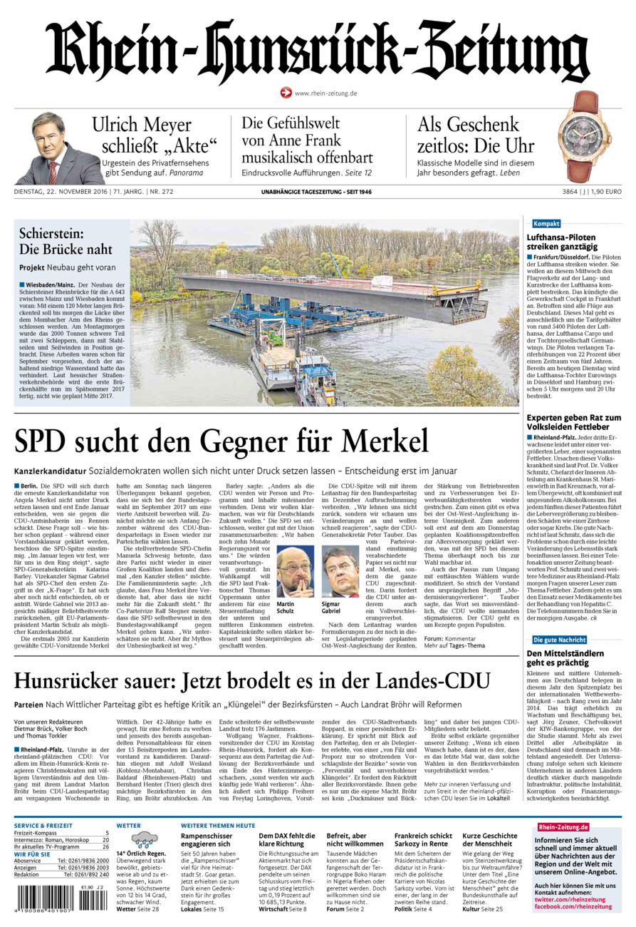 Rhein-Hunsrück-Zeitung vom Dienstag, 22.11.2016