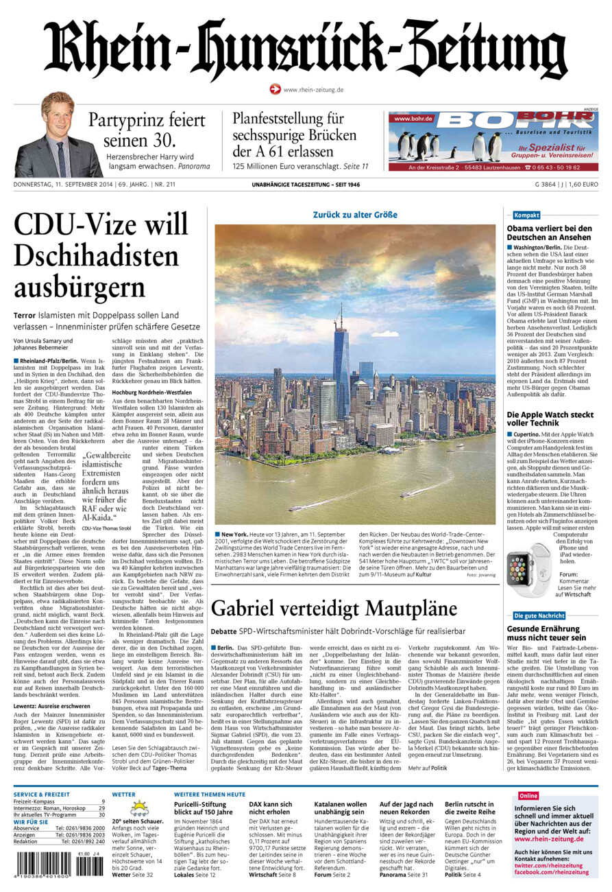 Rhein-Hunsrück-Zeitung vom Donnerstag, 11.09.2014
