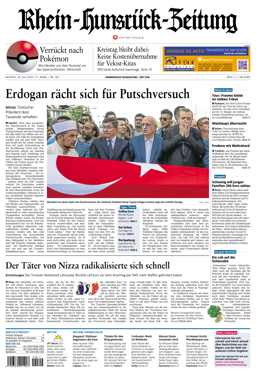 Rhein-Hunsrück-Zeitung vom Montag, 18.07.2016
