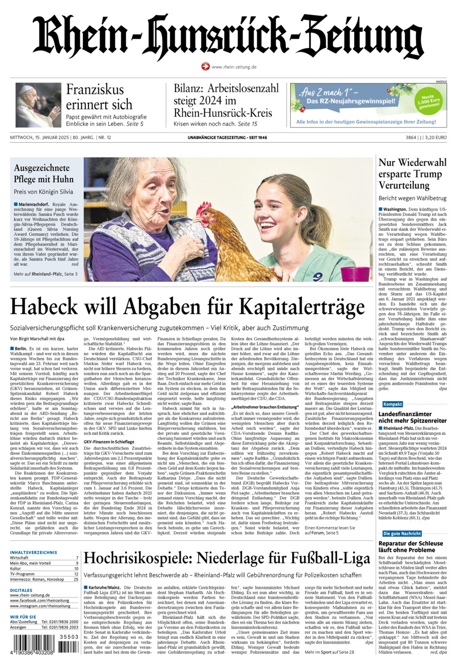 Rhein-Hunsrück-Zeitung vom Mittwoch, 15.01.2025