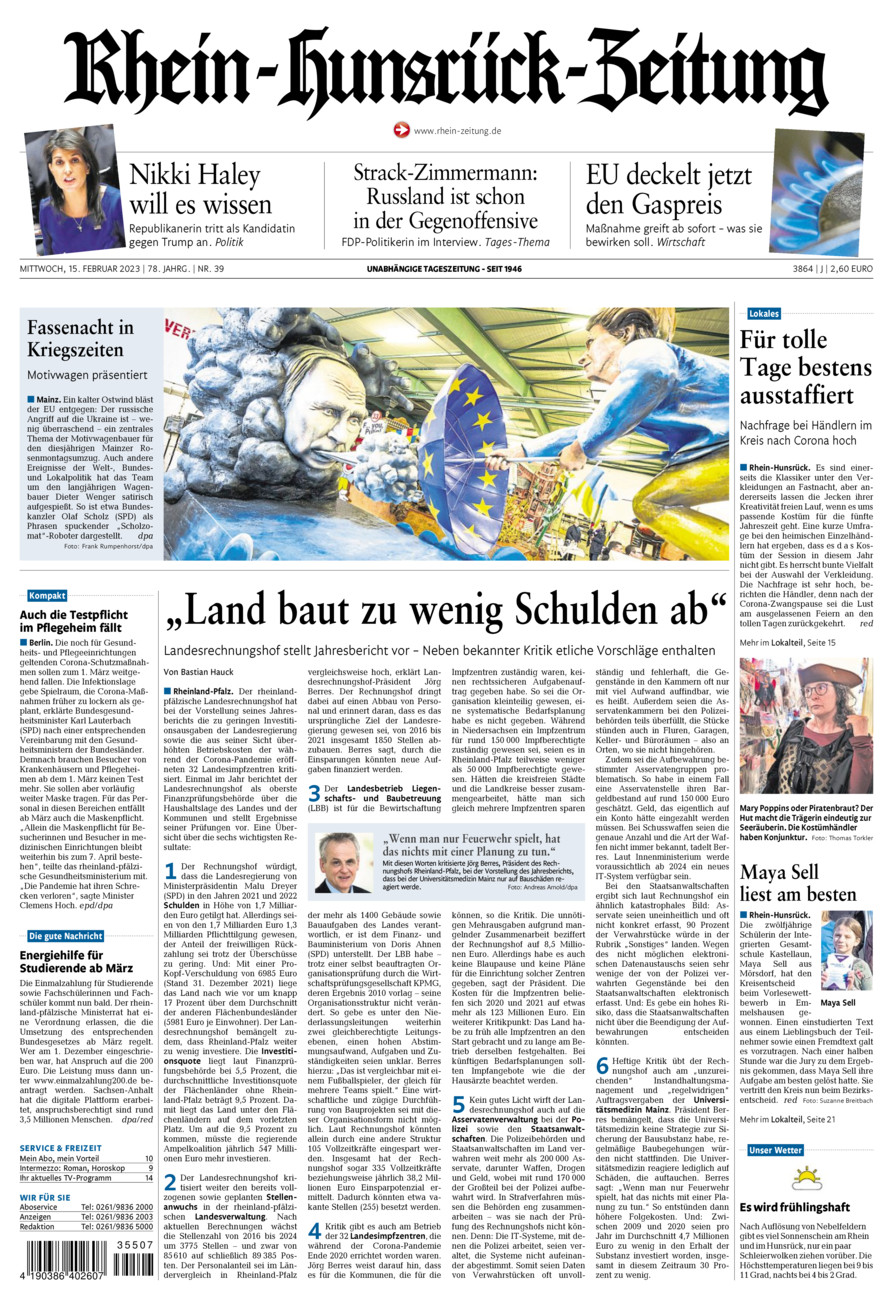 Rhein-Hunsrück-Zeitung vom Mittwoch, 15.02.2023