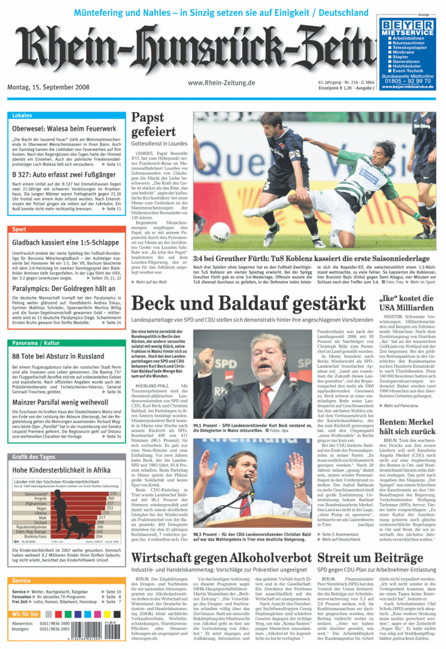 Rhein-Hunsrück-Zeitung vom Montag, 15.09.2008