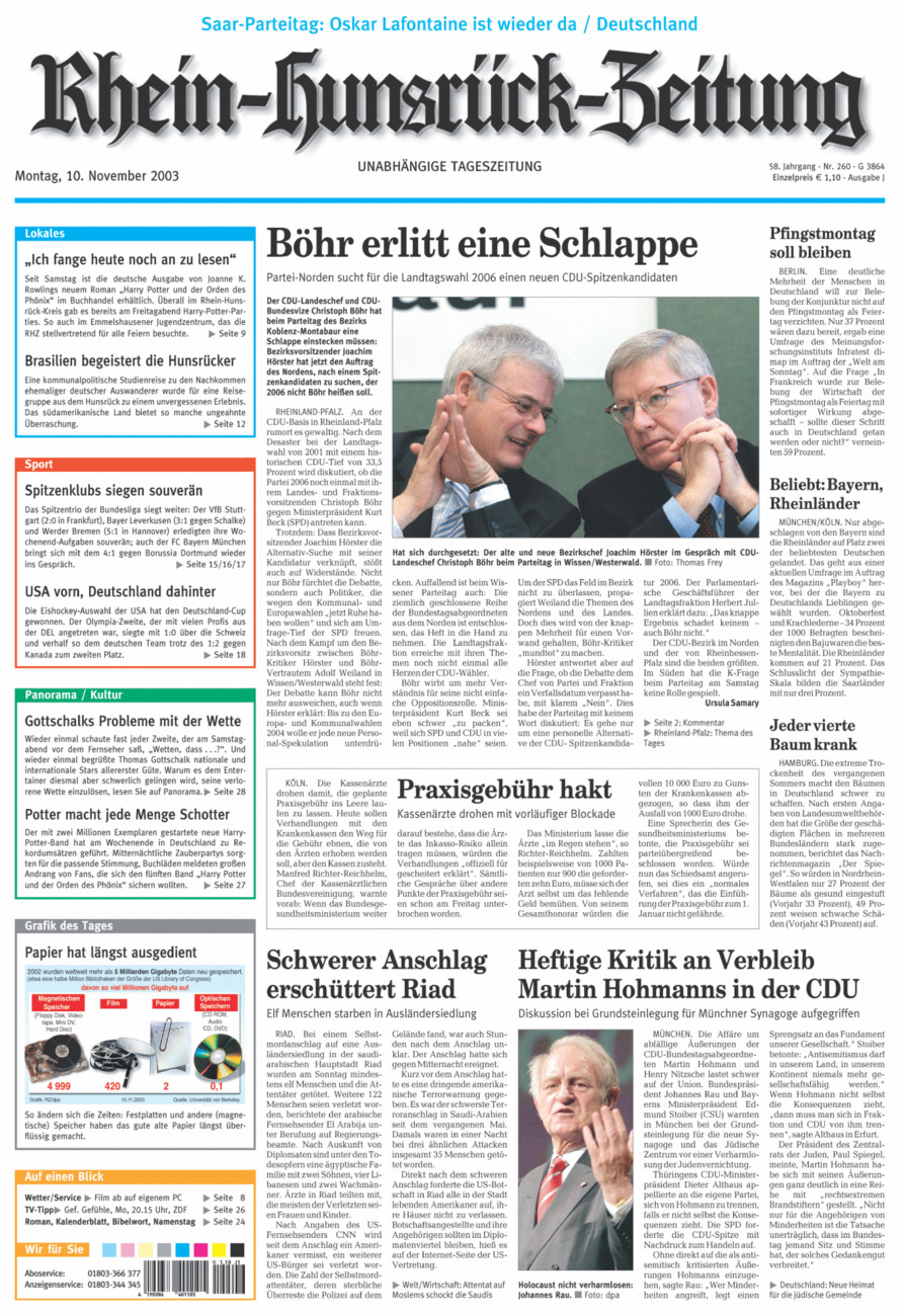 Rhein-Hunsrück-Zeitung vom Montag, 10.11.2003