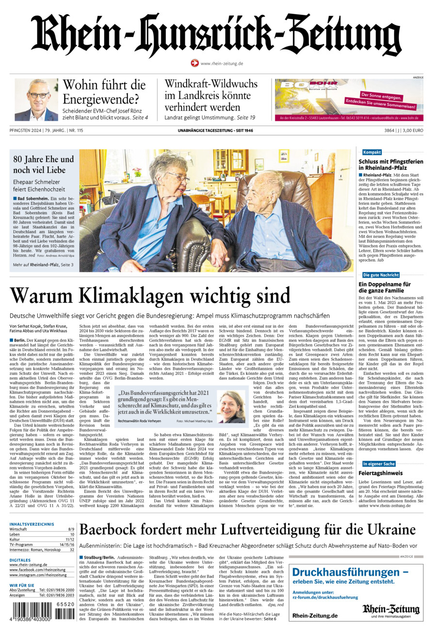 Rhein-Hunsrück-Zeitung vom Samstag, 18.05.2024