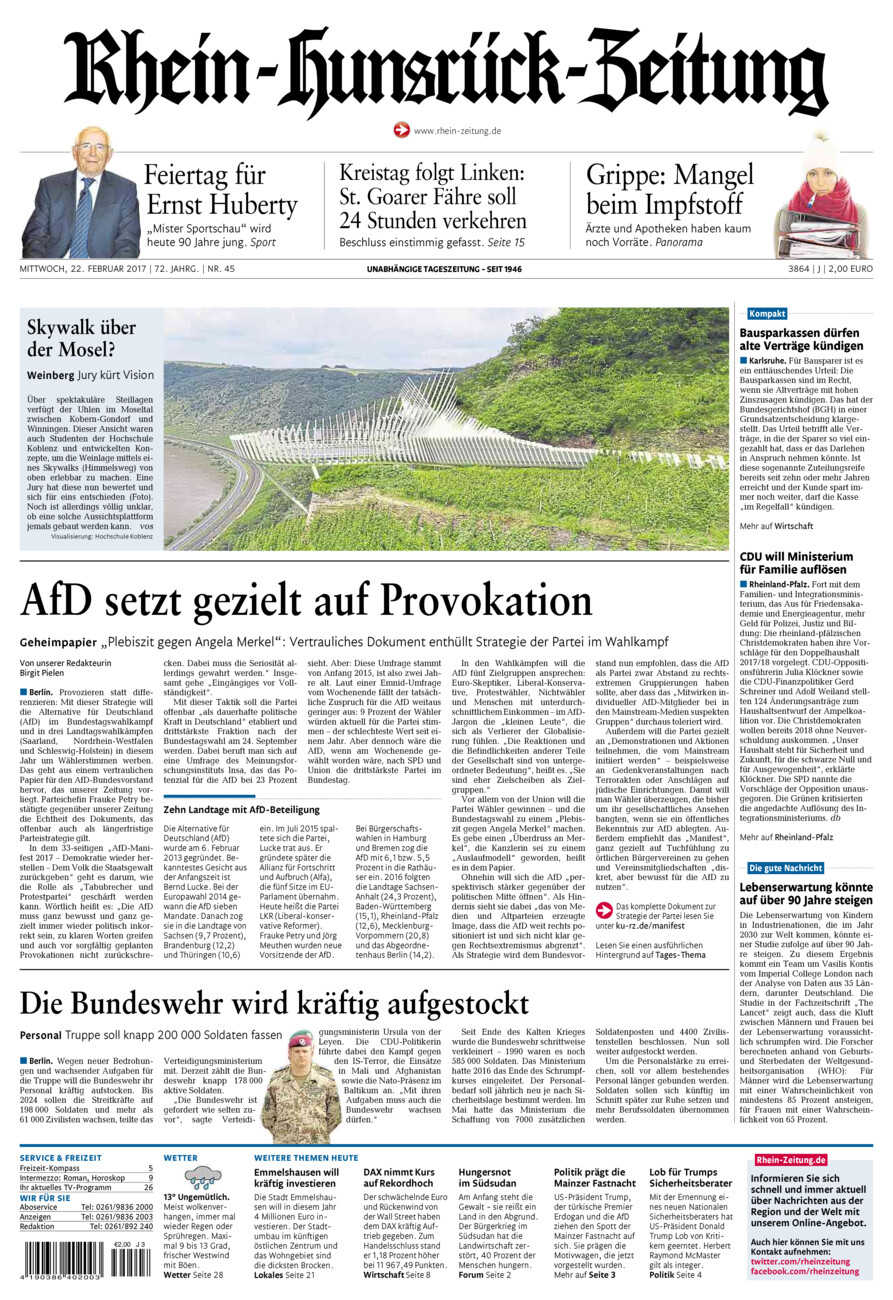 Rhein-Hunsrück-Zeitung vom Mittwoch, 22.02.2017