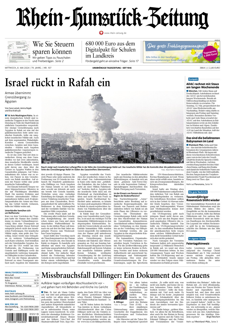 Rhein-Hunsrück-Zeitung vom Mittwoch, 08.05.2024
