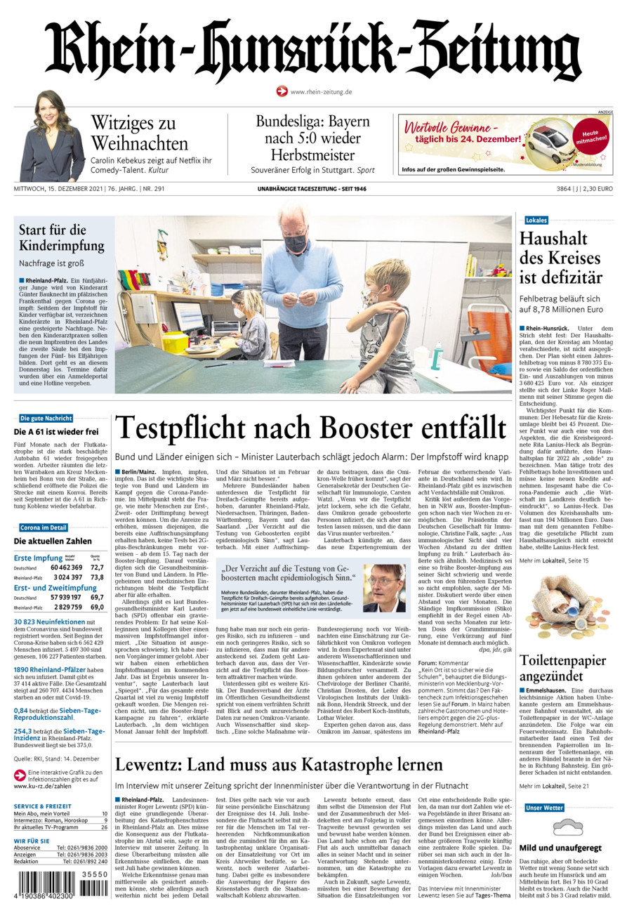 Rhein-Hunsrück-Zeitung vom Mittwoch, 15.12.2021