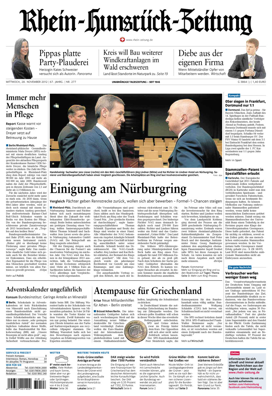 Rhein-Hunsrück-Zeitung vom Mittwoch, 28.11.2012