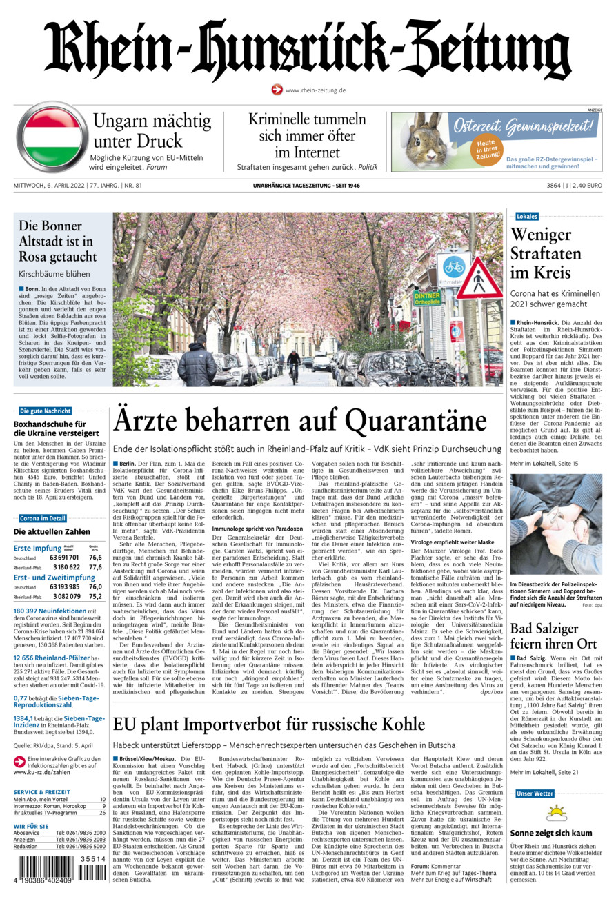 Rhein-Hunsrück-Zeitung vom Mittwoch, 06.04.2022