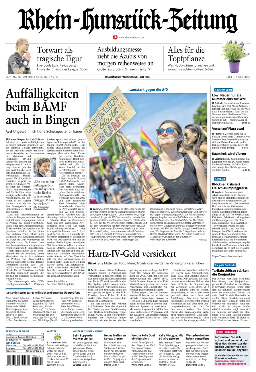 Rhein-Hunsrück-Zeitung vom Montag, 28.05.2018
