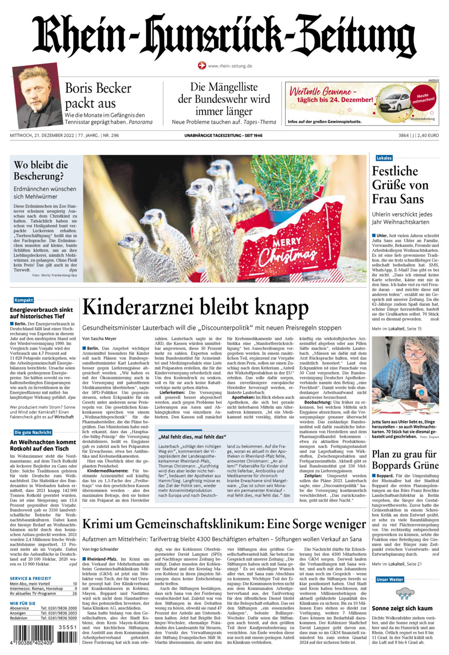 Rhein-Hunsrück-Zeitung vom Mittwoch, 21.12.2022