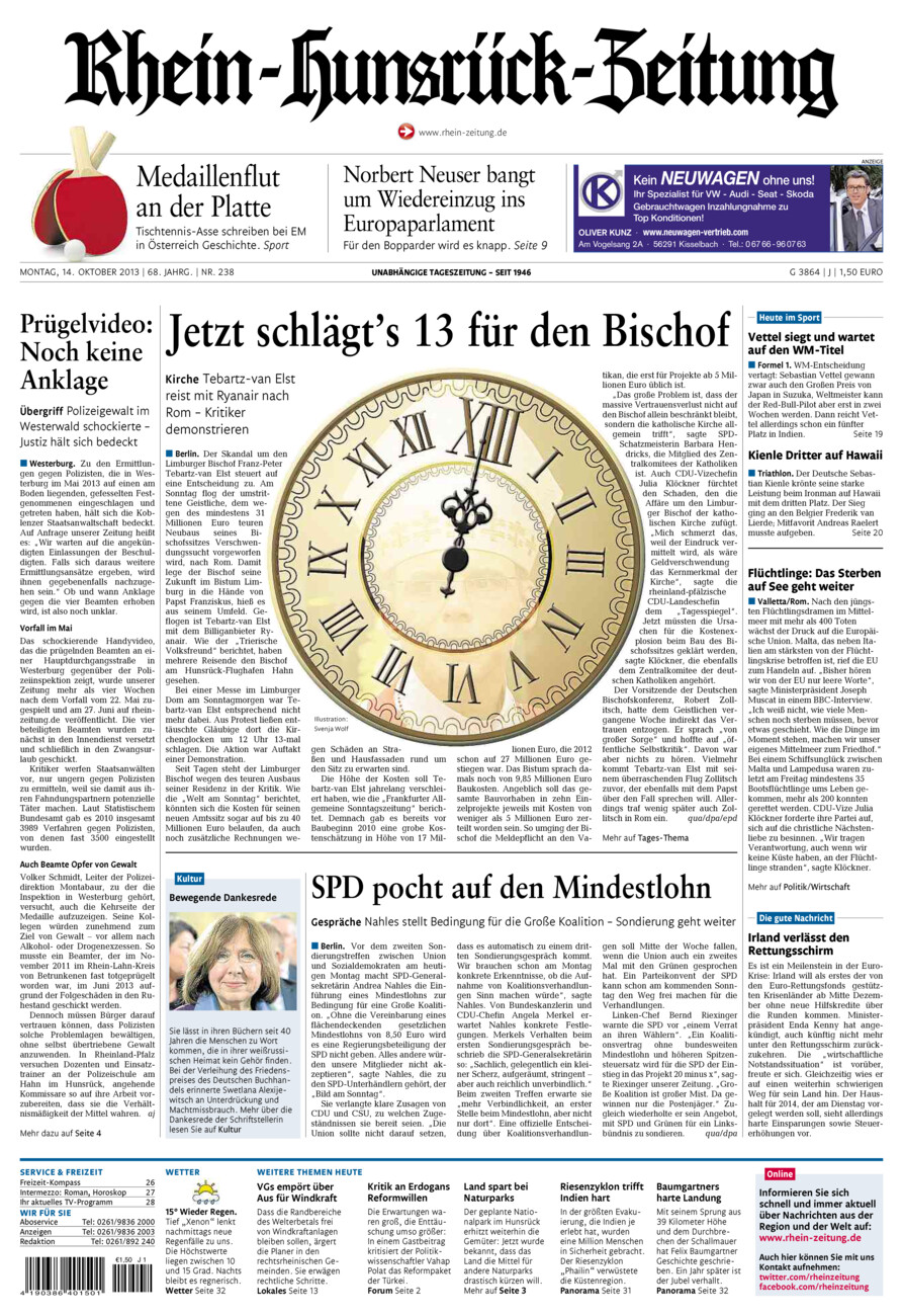 Rhein-Hunsrück-Zeitung vom Montag, 14.10.2013