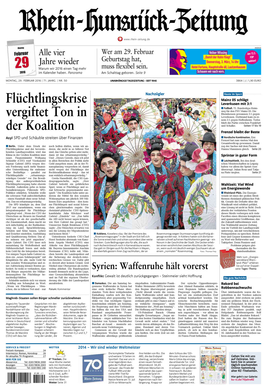 Rhein-Hunsrück-Zeitung vom Montag, 29.02.2016