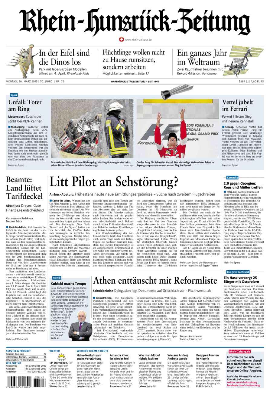 Rhein-Hunsrück-Zeitung vom Montag, 30.03.2015