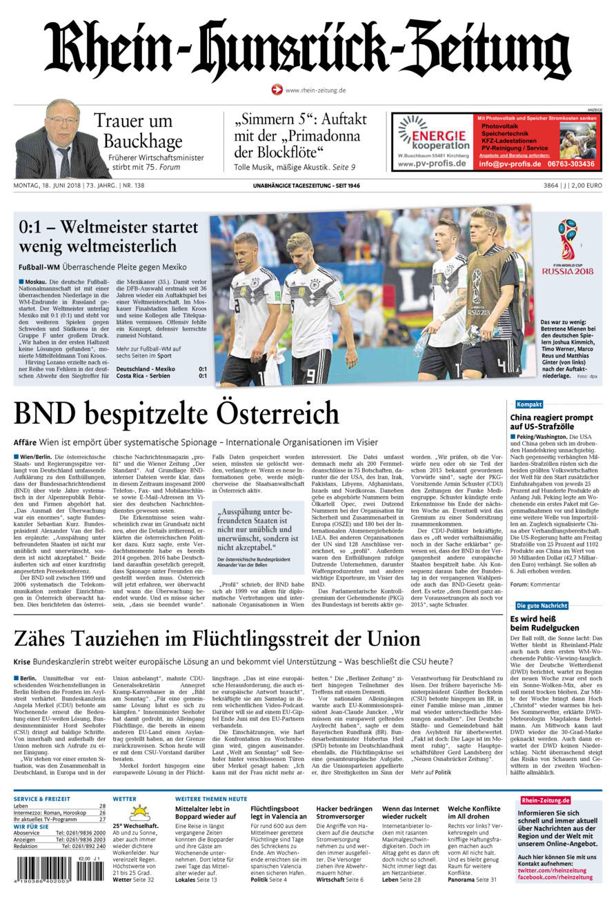 Rhein-Hunsrück-Zeitung vom Montag, 18.06.2018