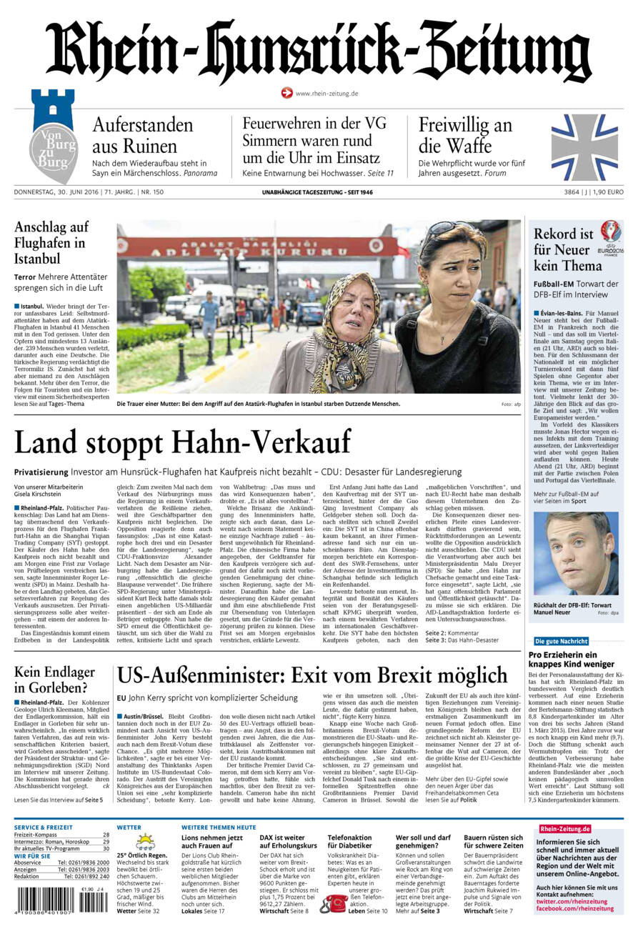Rhein-Hunsrück-Zeitung vom Donnerstag, 30.06.2016