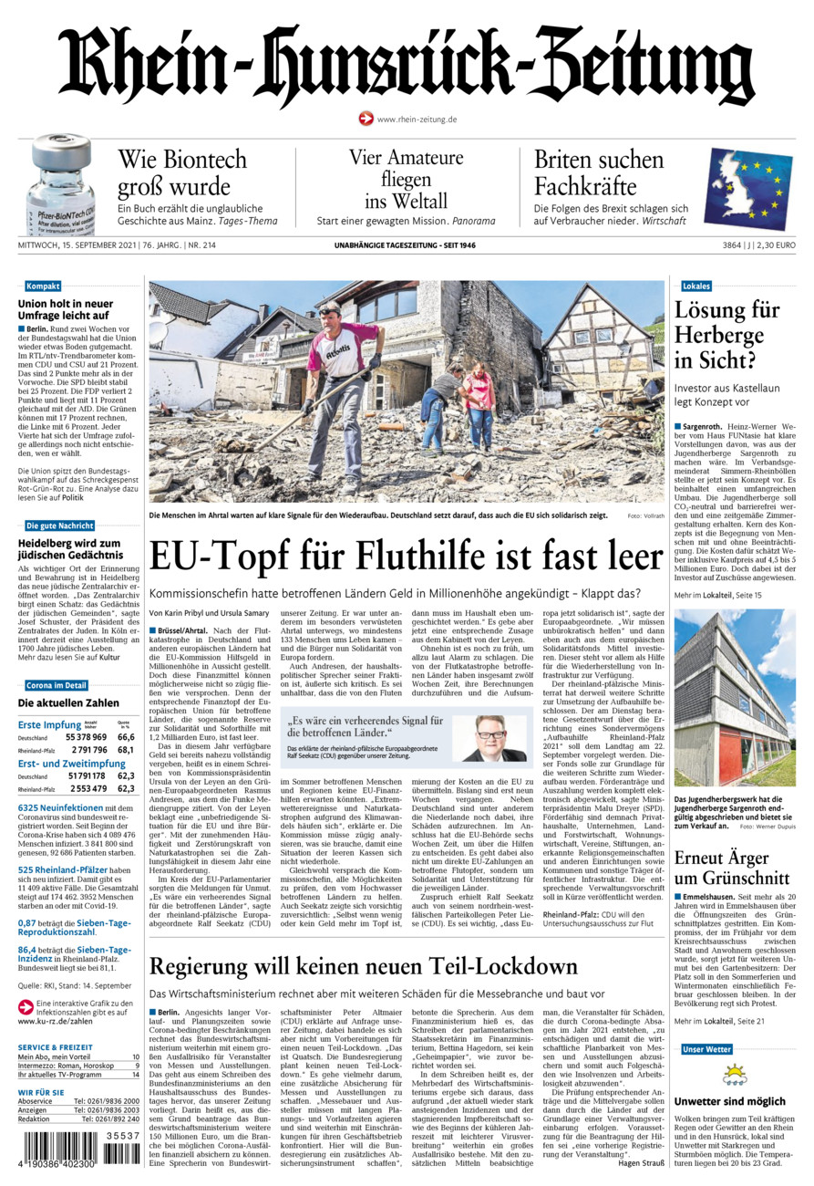 Rhein-Hunsrück-Zeitung vom Mittwoch, 15.09.2021