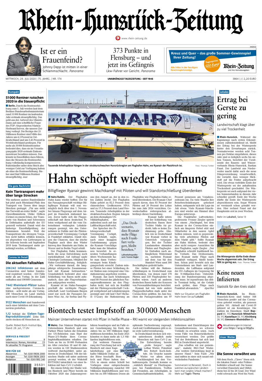 Rhein-Hunsrück-Zeitung vom Mittwoch, 29.07.2020