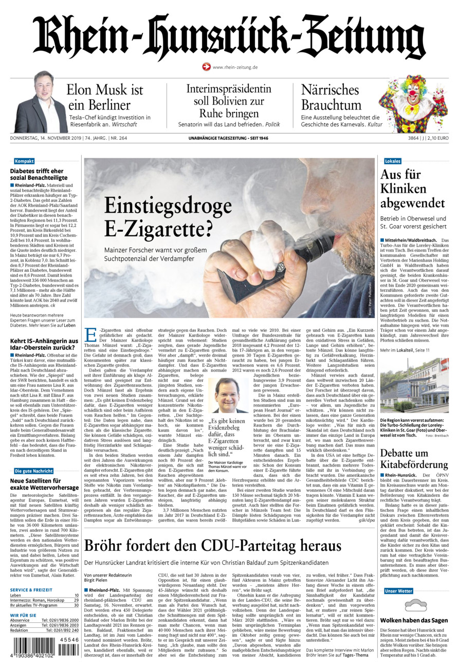 Rhein-Hunsrück-Zeitung vom Donnerstag, 14.11.2019