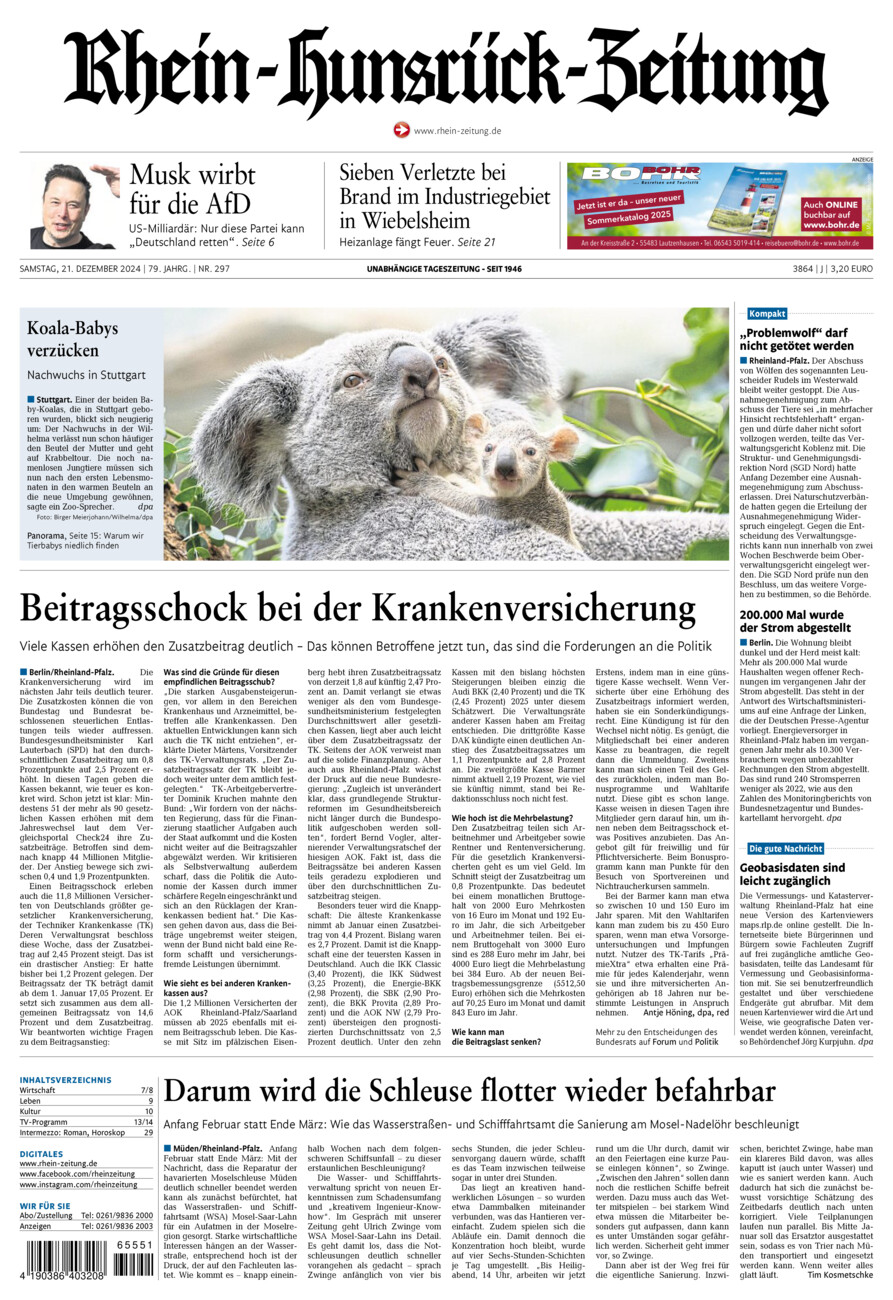 Rhein-Hunsrück-Zeitung vom Samstag, 21.12.2024