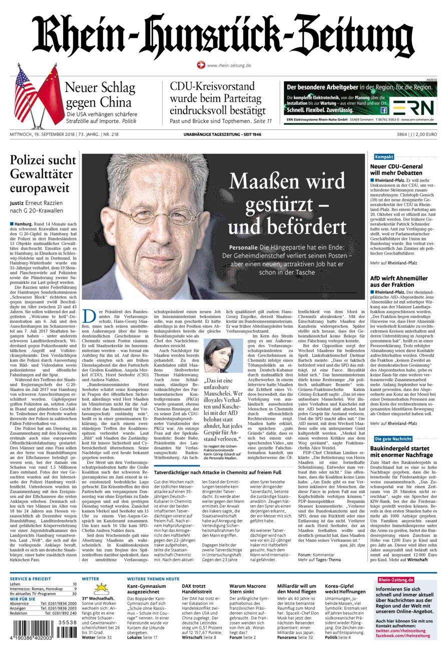 Rhein-Hunsrück-Zeitung vom Mittwoch, 19.09.2018