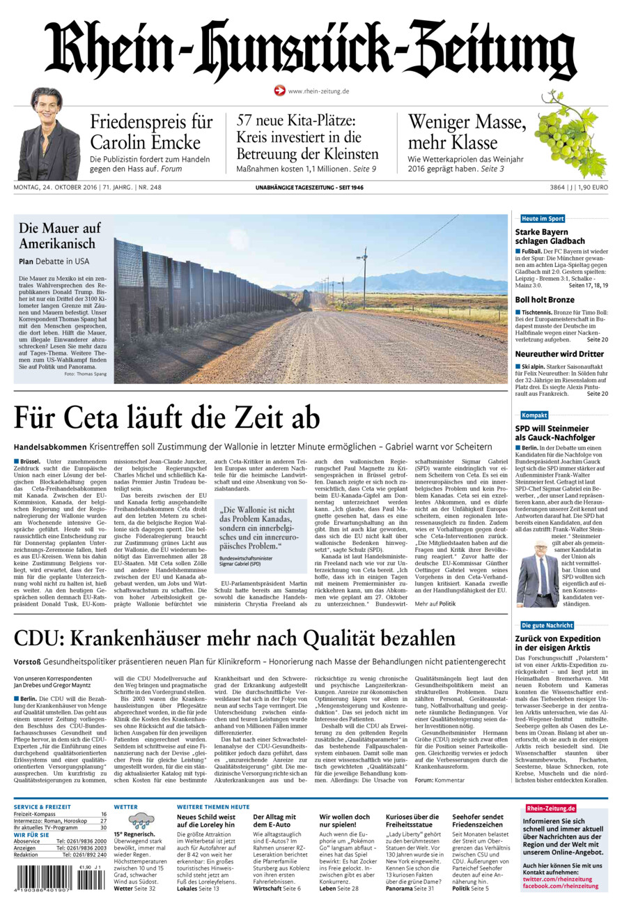 Rhein-Hunsrück-Zeitung vom Montag, 24.10.2016