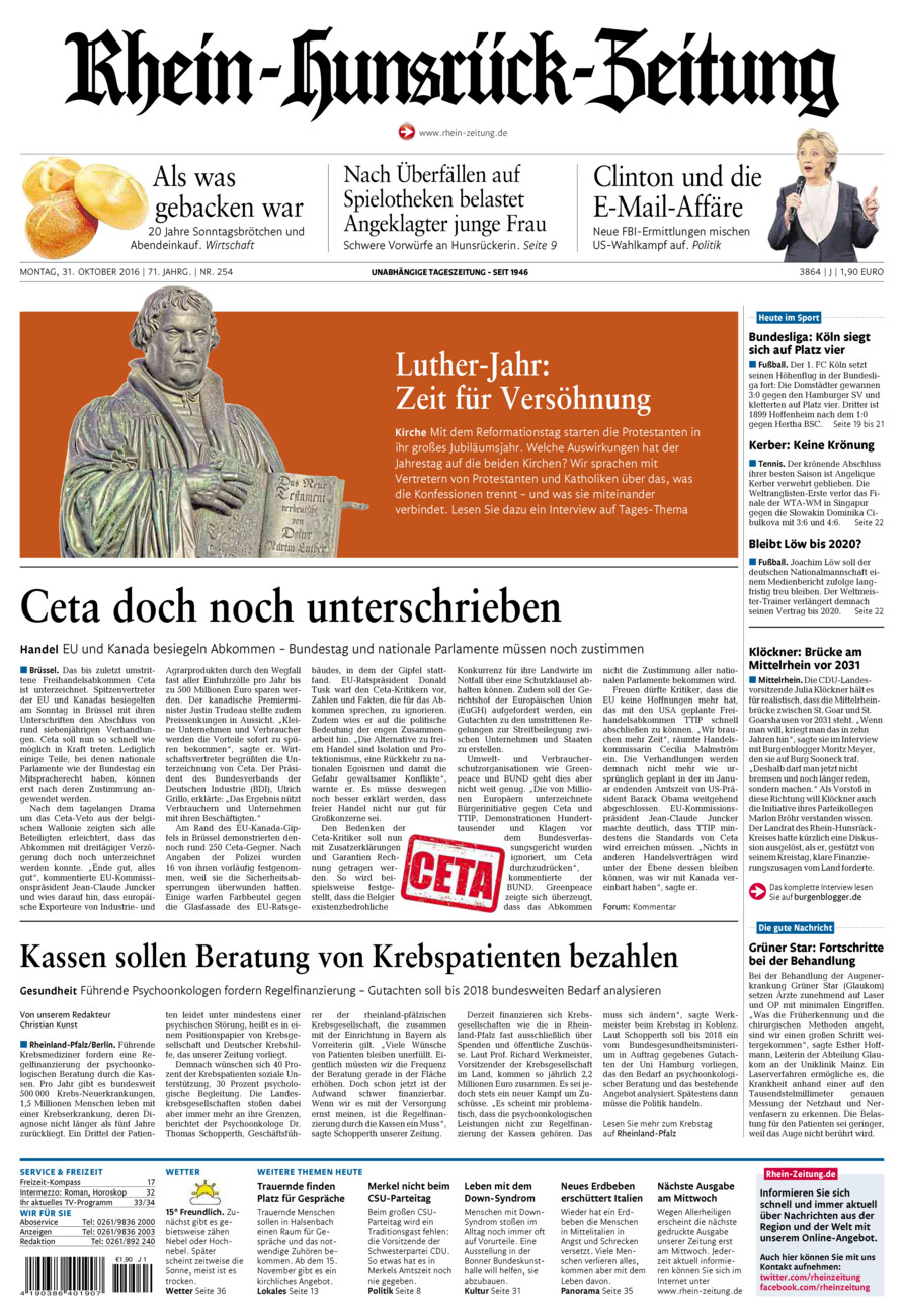 Rhein-Hunsrück-Zeitung vom Montag, 31.10.2016