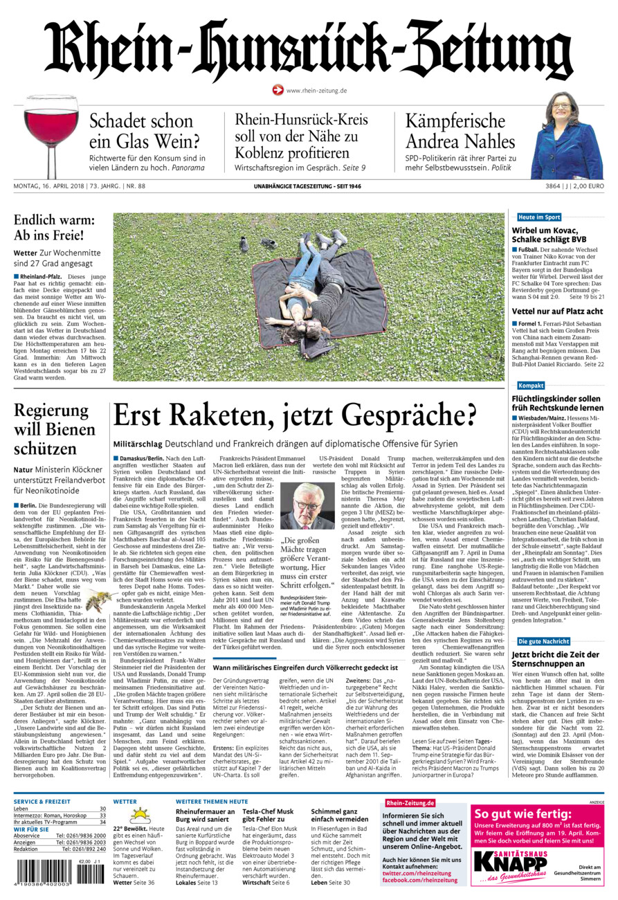 Rhein-Hunsrück-Zeitung vom Montag, 16.04.2018