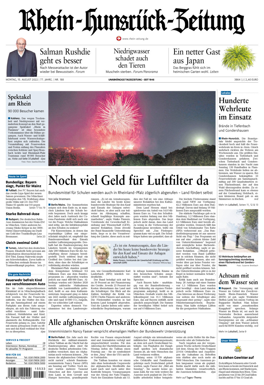 Rhein-Hunsrück-Zeitung vom Montag, 15.08.2022