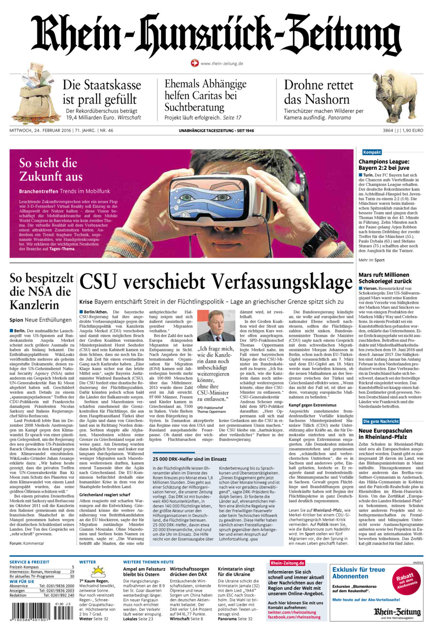 Rhein-Hunsrück-Zeitung vom Mittwoch, 24.02.2016