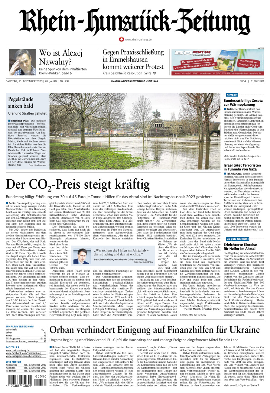 Rhein-Hunsrück-Zeitung vom Samstag, 16.12.2023
