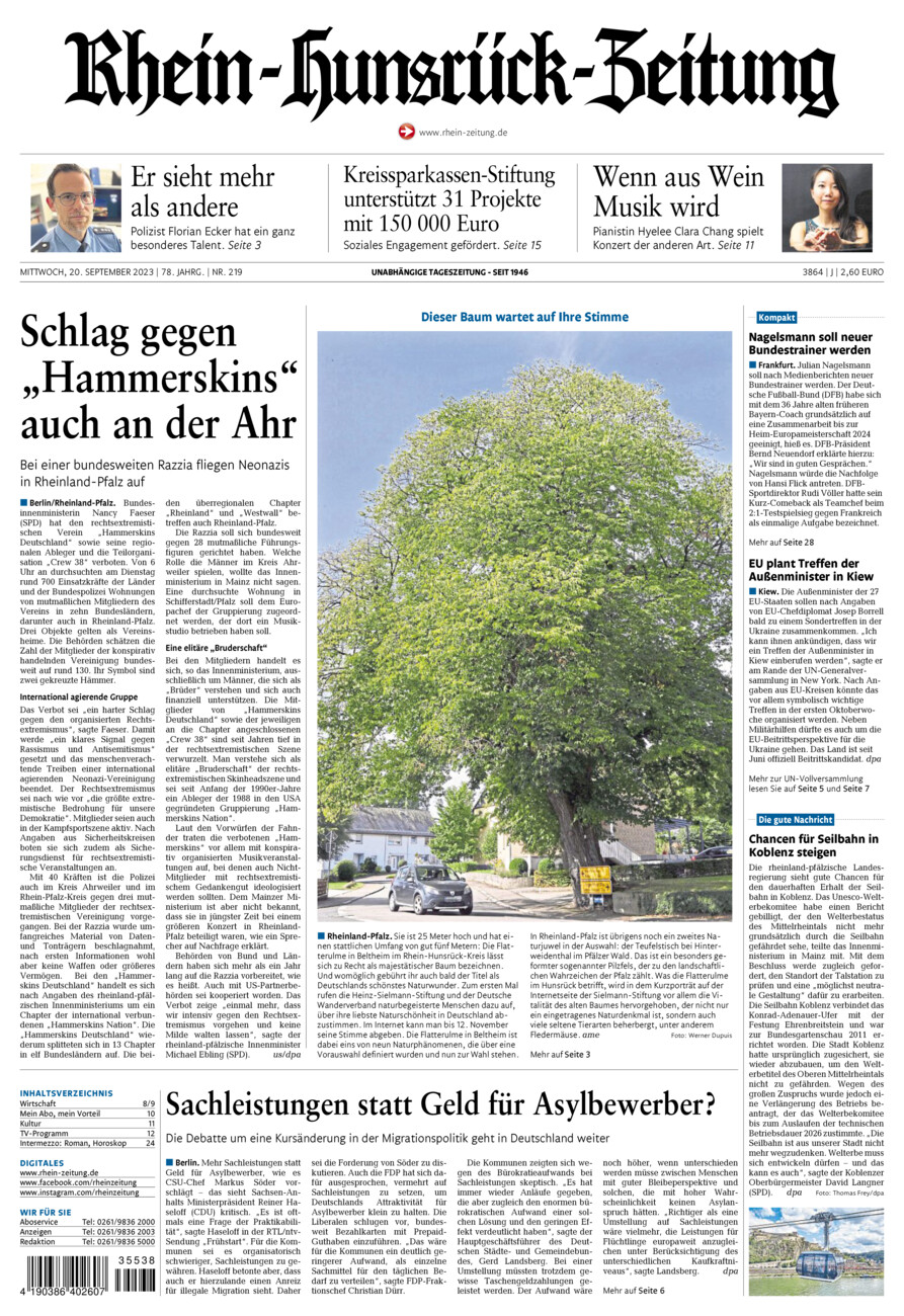 Rhein-Hunsrück-Zeitung vom Mittwoch, 20.09.2023